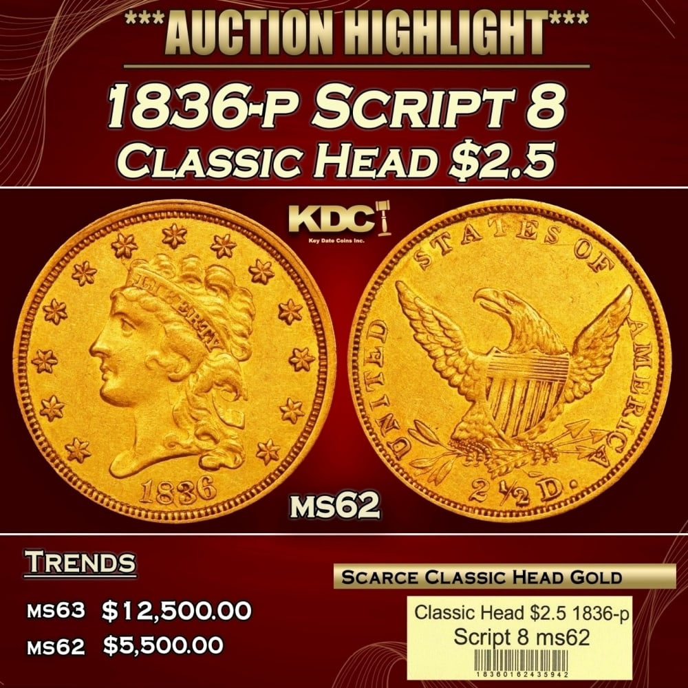 1836-p Script 8 Classic Head Gold Quarter Eagle $2 1/2 ms62 USCG: 1836-p Script 8 Classic Head Gold Quarter Eagle $2 1/2 ms62 USCG. 0