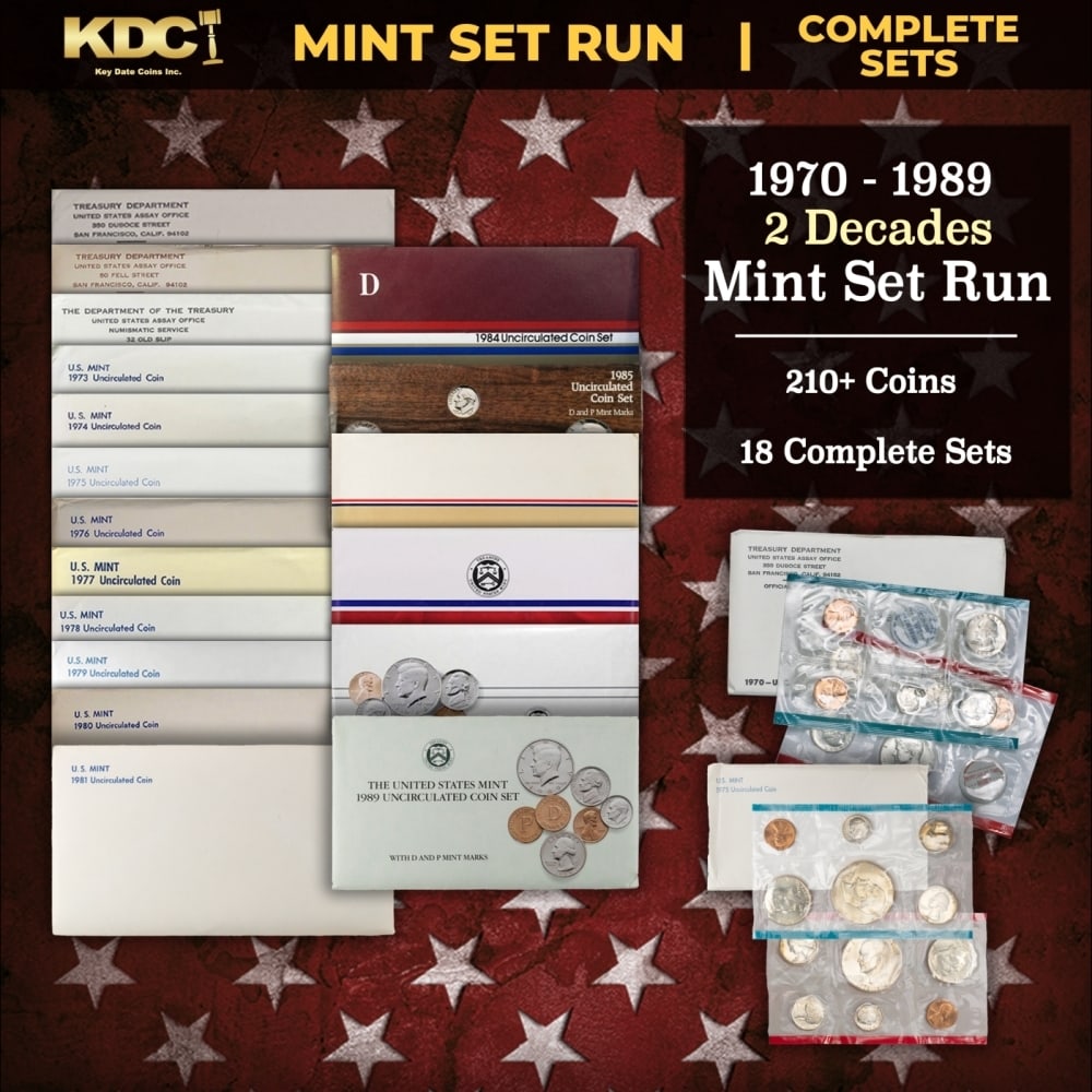 1970-1989 2 Decades Mint Set Run - 218 Coins, 18 Complete Sets Includes All Ike Years: 1970-1989 2 Decades Mint Set Run - 218 Coins, 18 Complete Sets Includes All Ike Years. 1970-1989 2 Decades Mint Set Run - 218 Coins, 18 Complete Sets. Includes All Ike $1 Years. No Mint Sets were issu