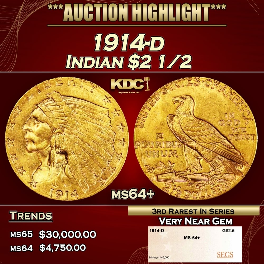 1914-d Gold Indian Quarter Eagle $2 1/2 ms64+ SEGS: 1914-d Gold Indian Quarter Eagle $2 1/2 ms64+ SEGS. Per David Akers Of PCGS "he 1914-D is the third rarest issue of the series but there is more of a difference in rarity between it and the two dates