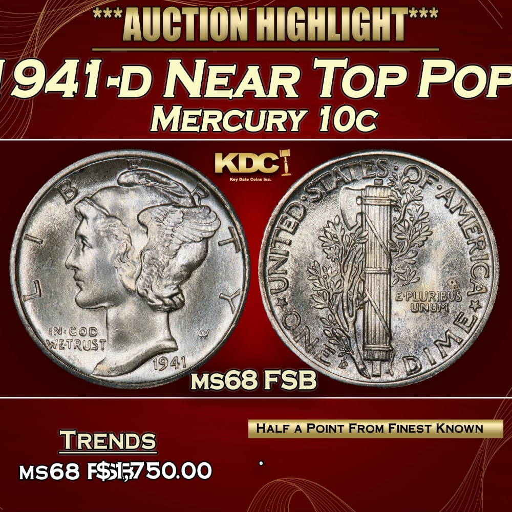1941-d Mercury Dime Near Top Pop! 10c ms68 FSB SEGS: 1941-d Near Top Pop! Mercury Dime 10c ms68 FSB SEGS. 0
