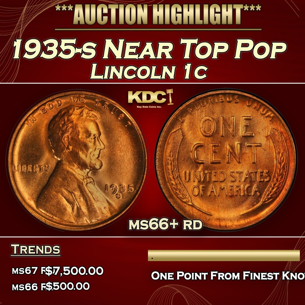 1935-s Lincoln Cent Near Top Pop 1c ms66+ rd SEGS: 1935-s Near Top Pop Lincoln Cent 1c ms66+ rd SEGS. 0