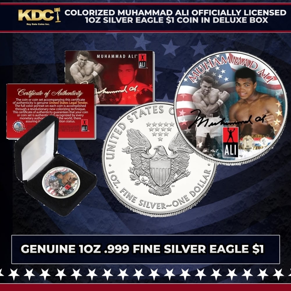 Colorized Muhammad Ali Officially Licensed 1oz Silver Eagle $1 Coin in Deluxe Box Other Toy: Colorized Muhammad Ali Officially Licensed 1oz Silver Eagle $1 Coin in Deluxe Box. Seize this chance to acquire a stunning Muhammad Ali colorized American Silver Eagle Dollar coin, expertly colorized