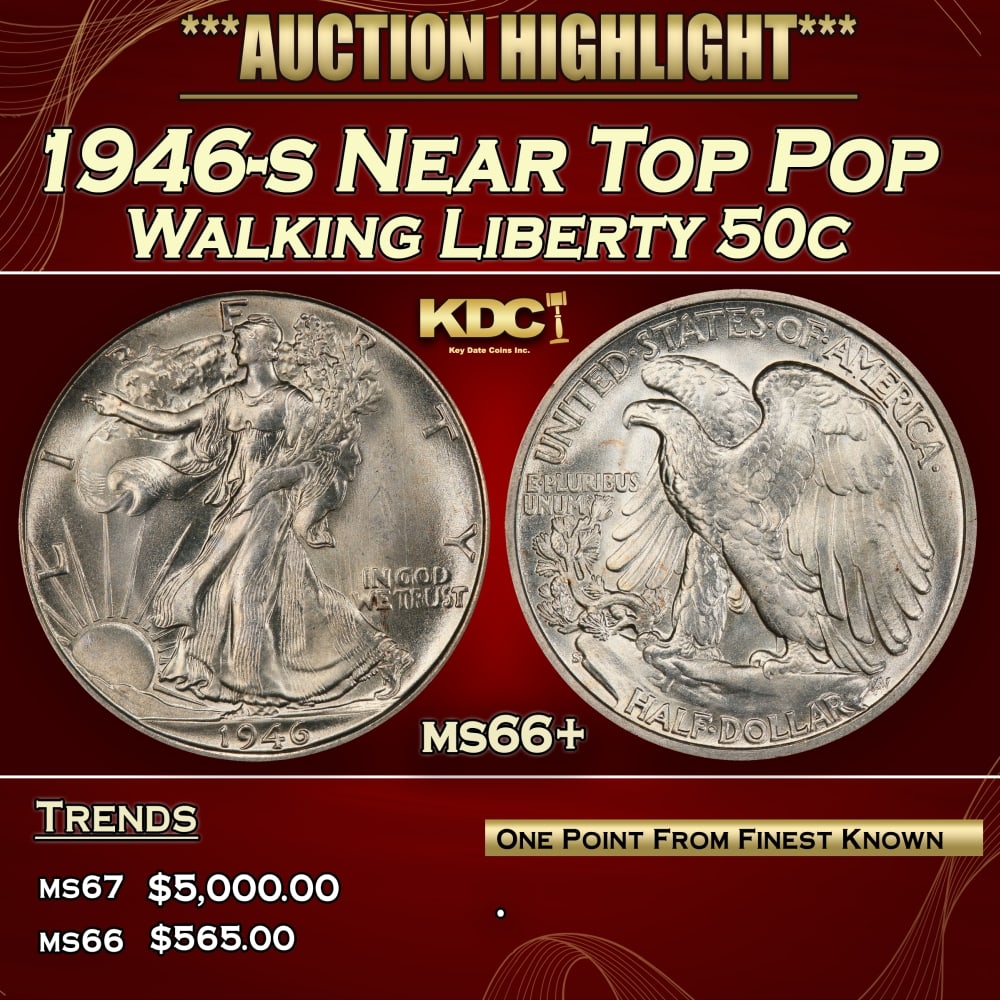 1946-s Walking Liberty Half Dollar Near Top Pop 50c ms66+ SEGS: 1946-s Near Top Pop Walking Liberty Half Dollar 50c ms66+ SEGS. 0