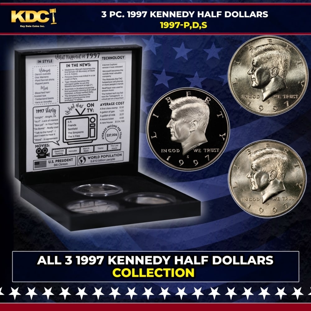 Complete 3 PC. 1997 Kennedy Half Dollar 50c set In Custom Box W/ Special Backer Card BU & Proof: Complete 3 PC. 1997 Kennedy Half Dollar 50c set In Custom Box W/ Special Backer Card BU & Proof COOL!. Please Note All Backer Cards may have slight differences but will be very similar if not identica