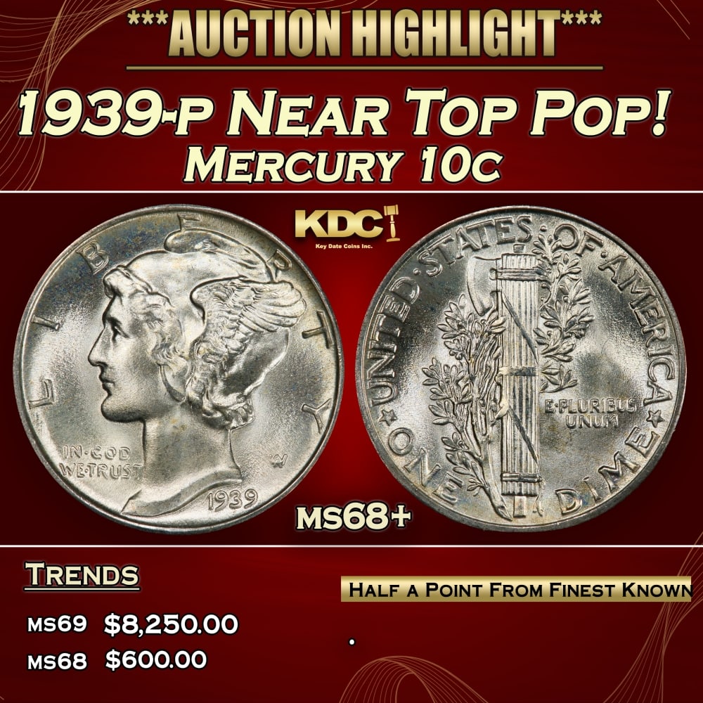 1939-p Mercury Dime Near Top Pop! 10c ms68+ SEGS: 1939-p Near Top Pop! Mercury Dime 10c ms68+ SEGS. 0