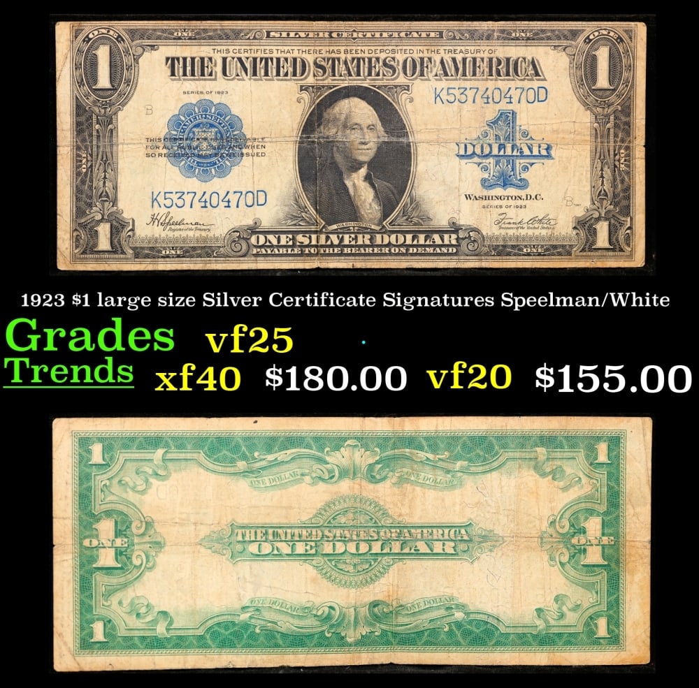 1923 $1 large size Silver Certificate Grades vf+ Signatures Speelman/White: 1923 $1 large size Silver Certificate Grades vf+ Signatures Speelman/White. Fr-237 The term “horse blanket” gets used a lot when talking about large size currency. It is most frequently used t