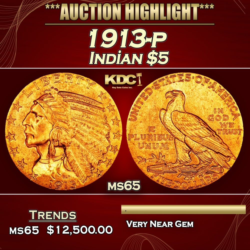 1913-p Gold Indian Half Eagle $5 ms65 USCG: 1913-p Gold Indian Half Eagle $5 ms65 USCG. 0