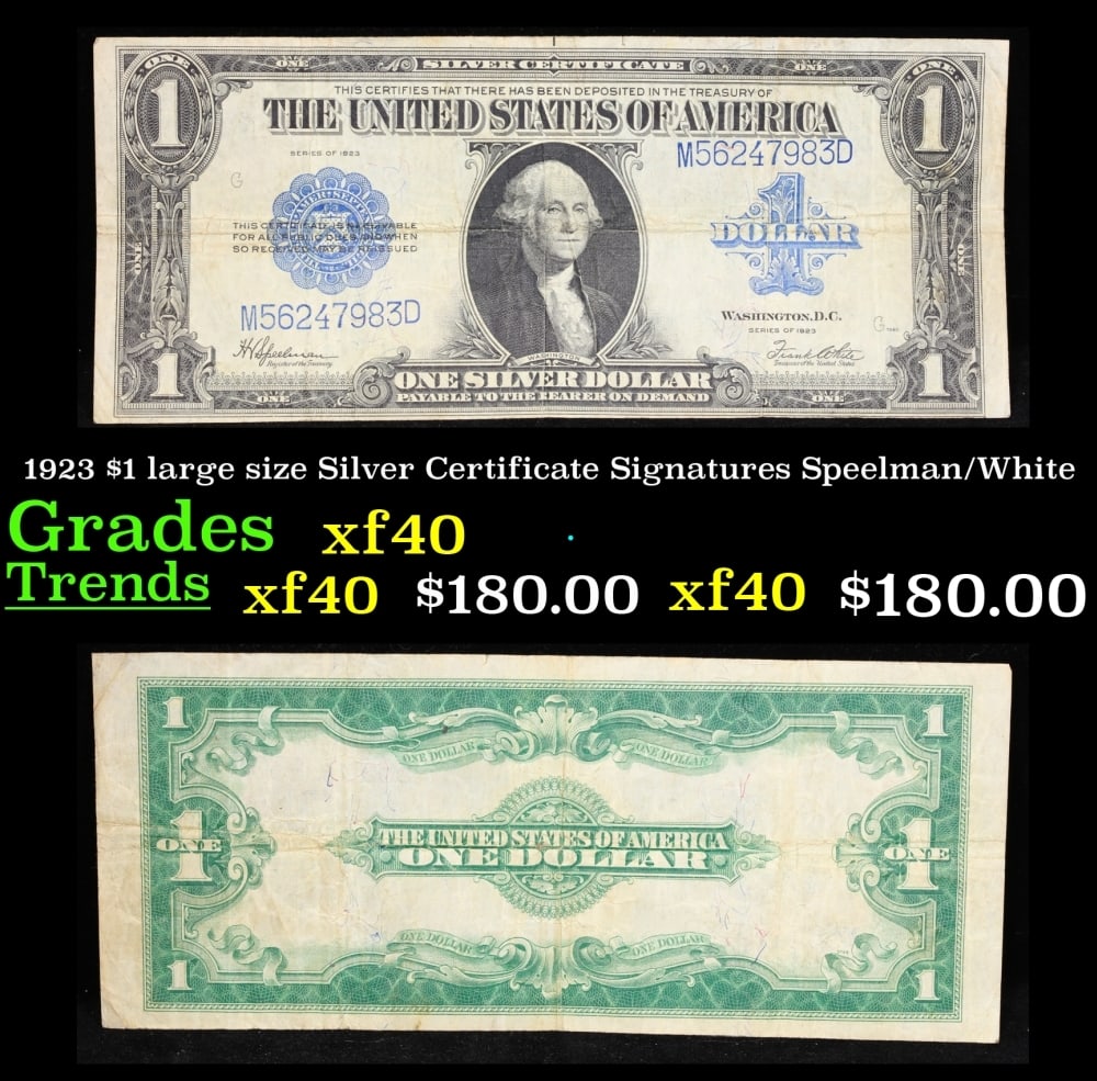 1923 $1 large size Silver Certificate Grades xf Signatures Speelman/White: 1923 $1 large size Silver Certificate Grades xf Signatures Speelman/White. Fr-237 The term “horse blanket” gets used a lot when talking about large size currency. It is most frequently used to