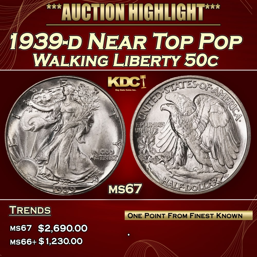 1939-d Walking Liberty Half Dollar Near Top Pop 50c ms67 SEGS: 1939-d Near Top Pop Walking Liberty Half Dollar 50c ms67 SEGS. 0