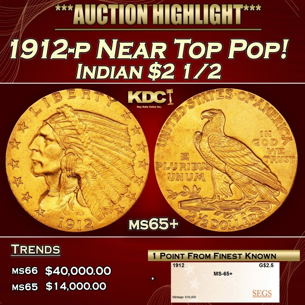 1912-p Gold Indian Quarter Eagle Near Top Pop! $2 1/2 ms65+ SEGS: 1912-p Near Top Pop! Gold Indian Quarter Eagle $2 1/2 ms65+ SEGS. Many Indian gold specialists consider the 1912 quarter eagle to be underrated in Gem and better condition. The spotlight is usually ho