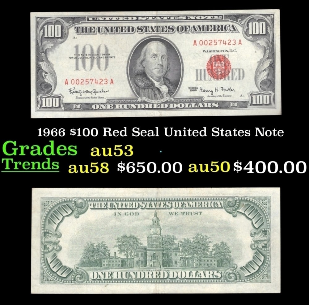 1966 $100 Red Seal United States Note Grades Select AU: 1966 $100 Red Seal United States Note Grades Select AU.