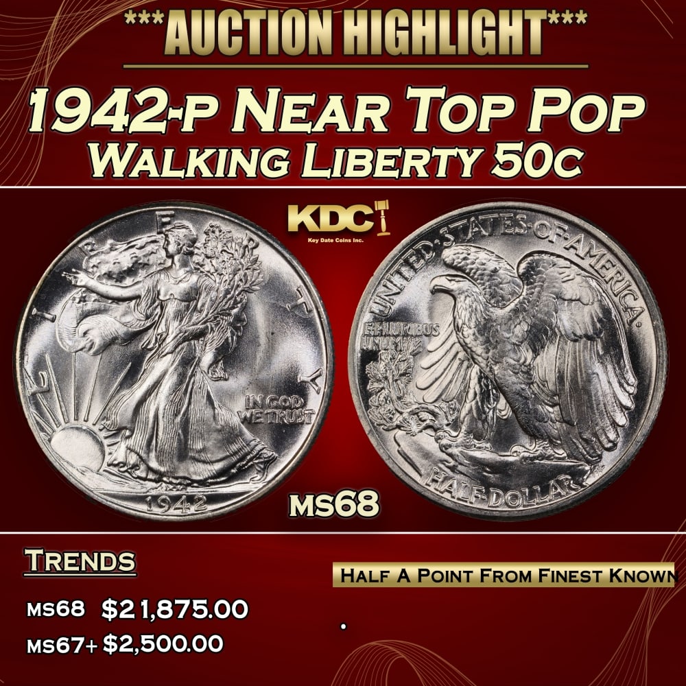1942-p Walking Liberty Half Dollar Near Top Pop 50c ms68 SEGS: 1942-p Near Top Pop Walking Liberty Half Dollar 50c ms68 SEGS. 0