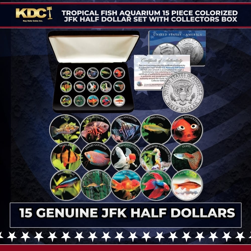 Tropical Fish Freshwater Aquarium 15 Piece Colorized JFK Half Dollar Set with Collectors Box Other: Tropical Fish Freshwater Aquarium 15 Piece Colorized JFK Half Dollar Set with Collectors Box. This stunning 15-coin set is a must-have for collectors. Seize the opportunity to acquire this beautifully