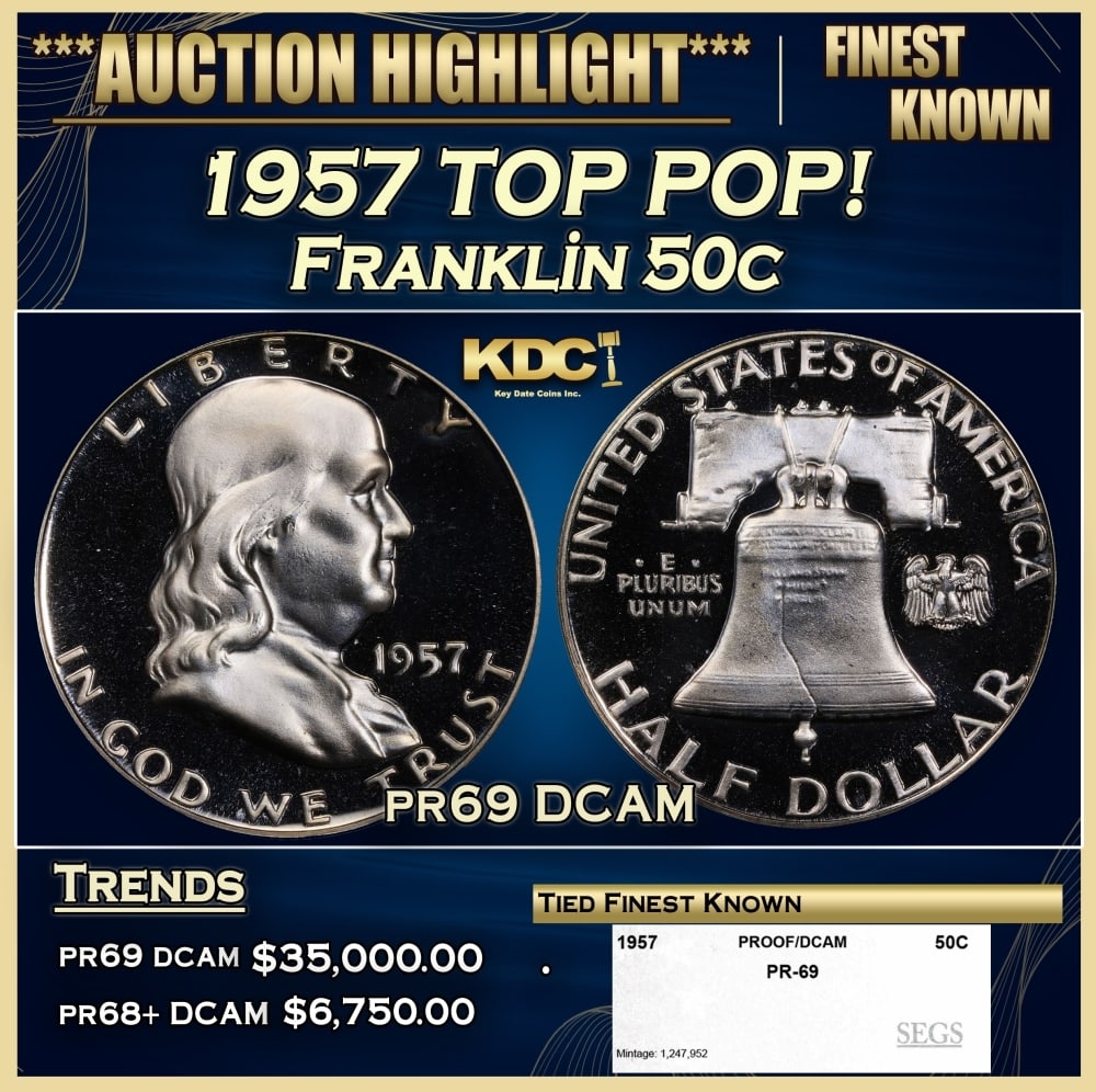1957 Proof Franklin Half Dollar TOP POP! 50c pr69 DCAM SEGS: 1957 TOP POP! Franklin Half Dollar 50c pr69 DCAM SEGS. Historic precious metal trends is causing increased spot pricing by the day. On auctions with set openings, we are doing our best to have items p