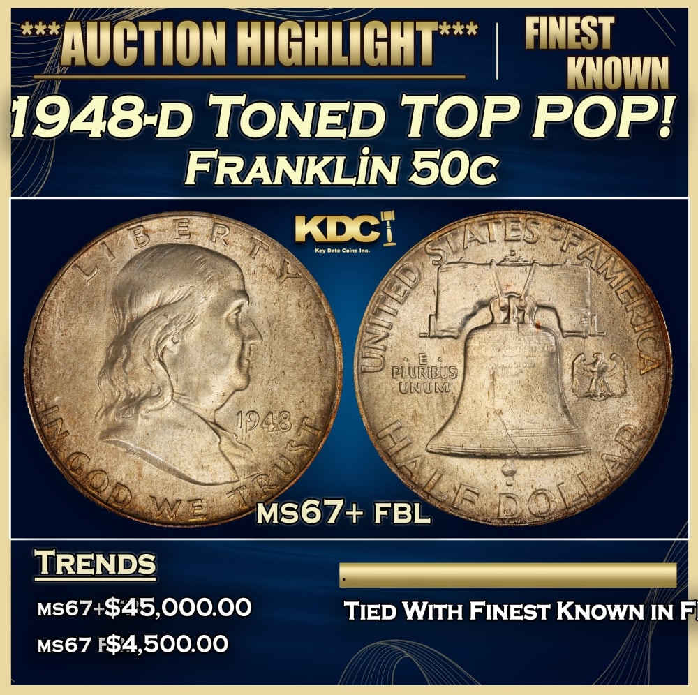 1948-d Franklin Half Dollar Toned TOP POP! 50c ms67+ fbl SEGS: 1948-d Toned TOP POP! Franklin Half Dollar 50c ms67+ fbl SEGS. 0