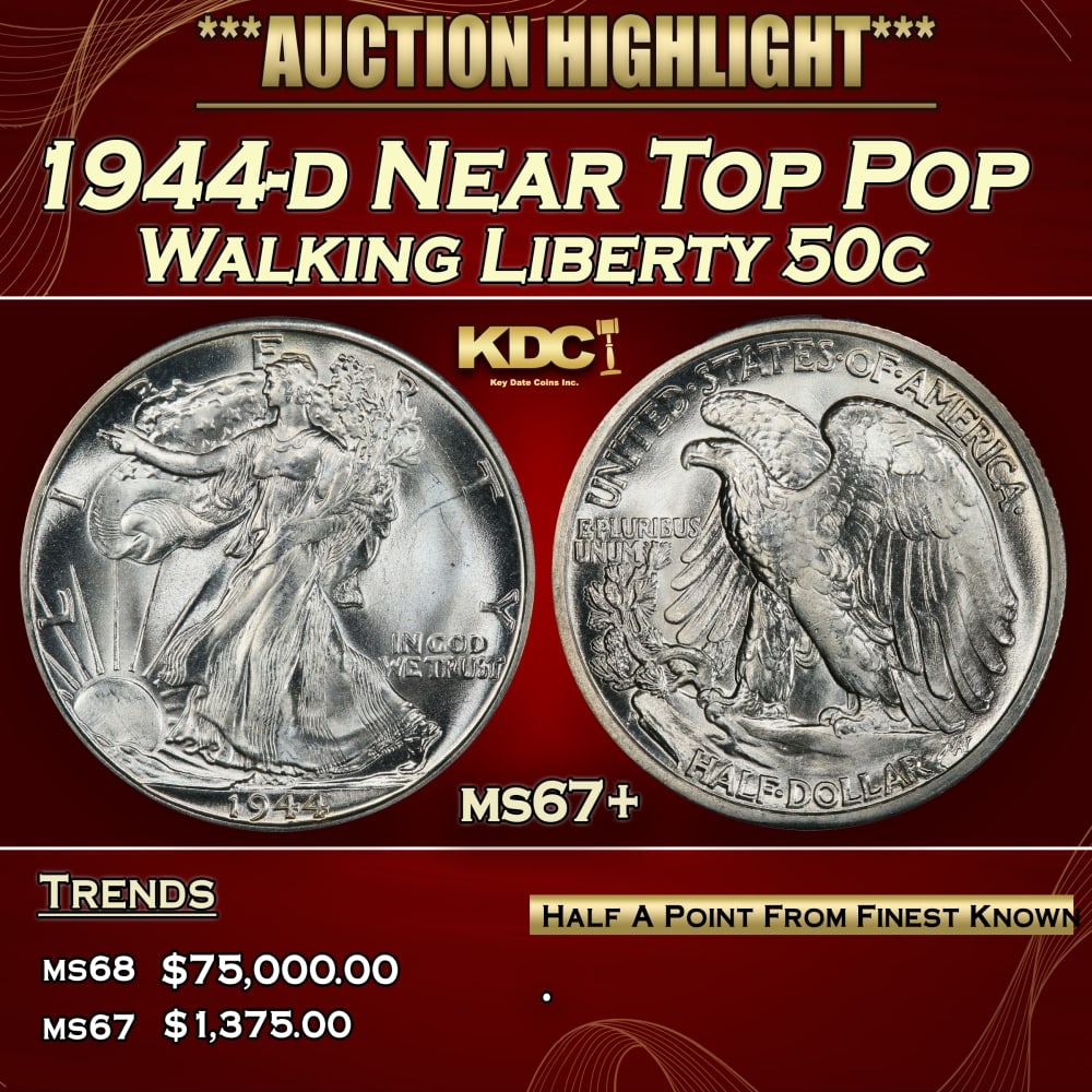 1944-d Walking Liberty Half Dollar Near Top Pop 50c ms67+ SEGS: 1944-d Near Top Pop Walking Liberty Half Dollar 50c ms67+ SEGS. 0