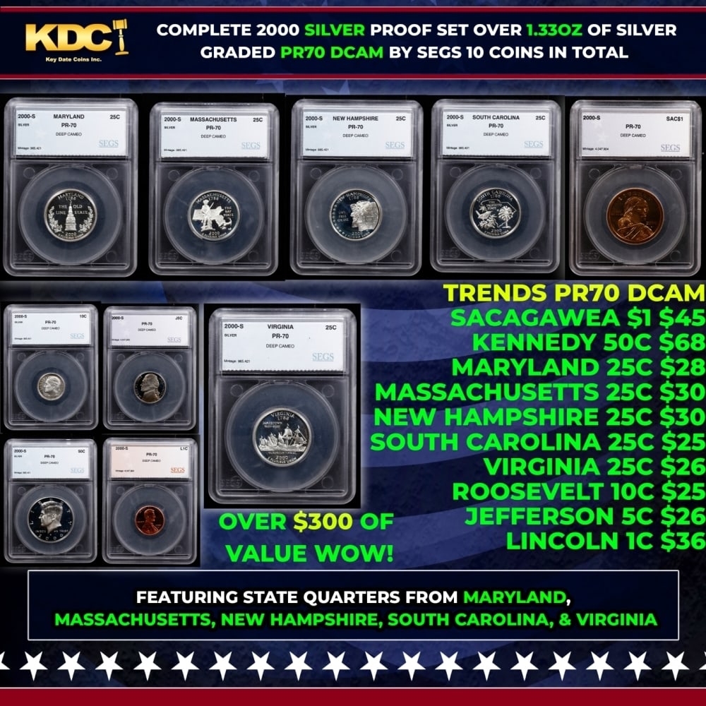 2000 US Silver Proof Set Graded pr70 DCAM By SEGS about 1.5 oz of pure silver 10 Coins: 2000 US Silver Proof Set Graded pr70 DCAM By SEGS about 1.5 oz of pure silver 10 Coins.