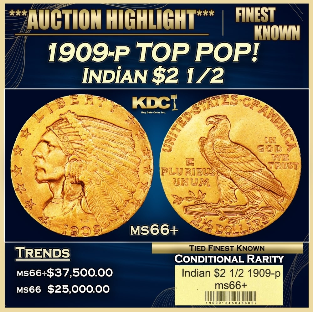 1909-p Gold Indian Quarter Eagle TOP POP! $2 1/2 ms66+ USCG: 1909-p TOP POP! Gold Indian Quarter Eagle $2 1/2 ms66+ USCG. The sunken relief of Bela Lyon Pratt's Indian quarter eagle design was a first on circulating U.S. coinage. The design lacked a protective