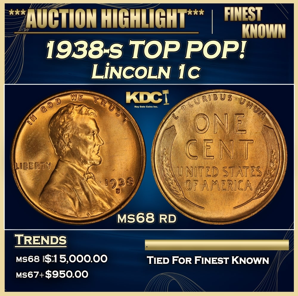 1938-s Lincoln Cent TOP POP! 1c ms68 rd SEGS: 1938-s TOP POP! Lincoln Cent 1c ms68 rd SEGS. 0
