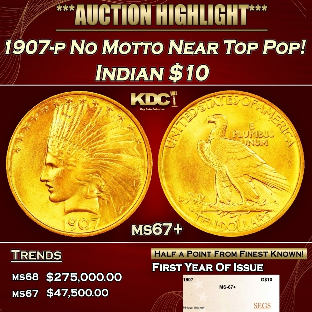 1907-p No Motto Gold Indian Eagle Near Top Pop! $10 ms67+ SEGS: 1907-p No Motto Near Top Pop! Gold Indian Eagle $10 ms67+ SEGS. A Key Date's Pick, Bid to Win, Don't let it get Away, you might not find its equal Coin. I give this coin my highest recommendation