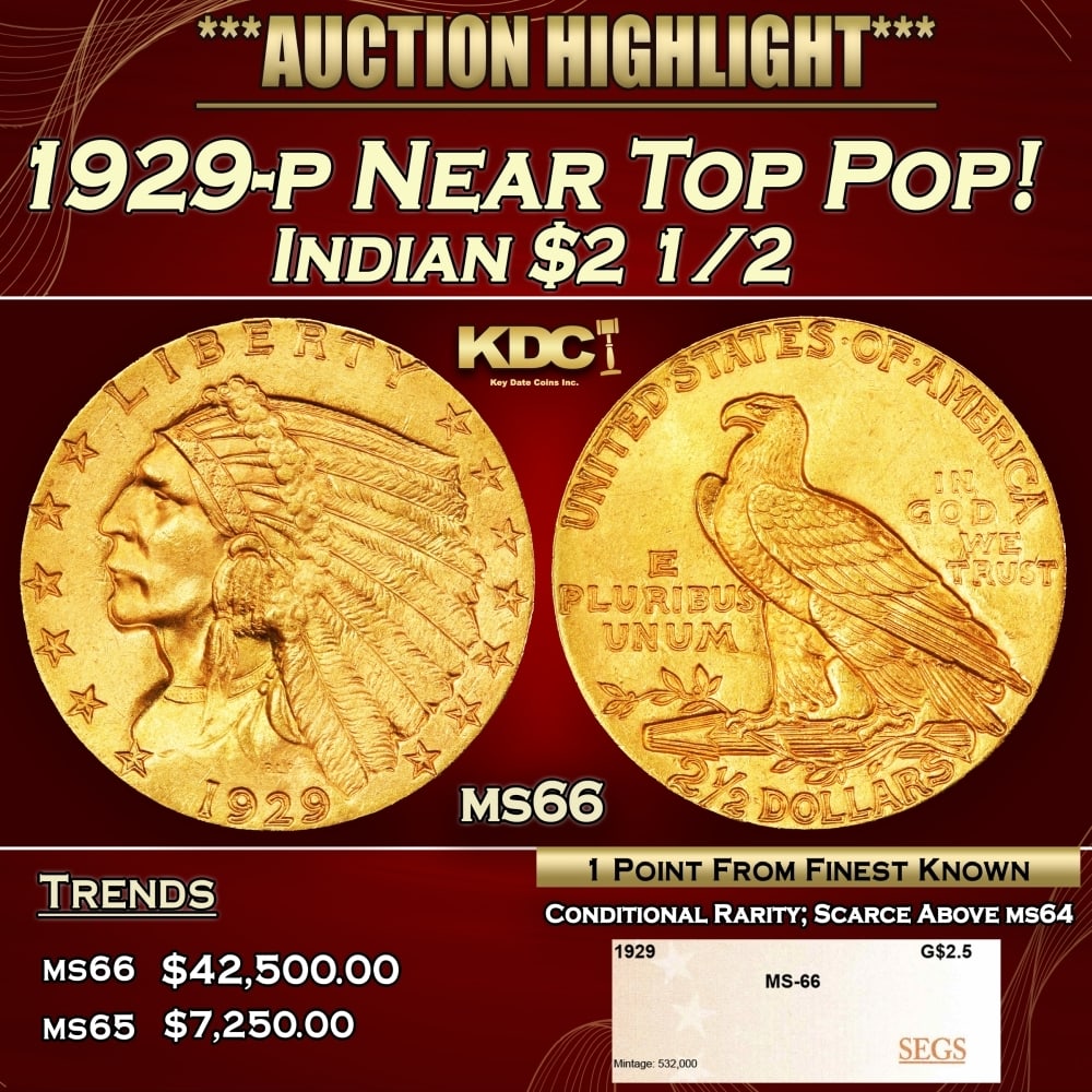 1929-p Gold Indian Quarter Eagle Near Top Pop! $2 1/2 ms66 SEGS: 1929-p Near Top Pop! Gold Indian Quarter Eagle $2 1/2 ms66 SEGS. Per David Akers Of PCGS "This is an unusual issue in that it is easy to find in MS-63 or lower condition but surprisingly difficult to