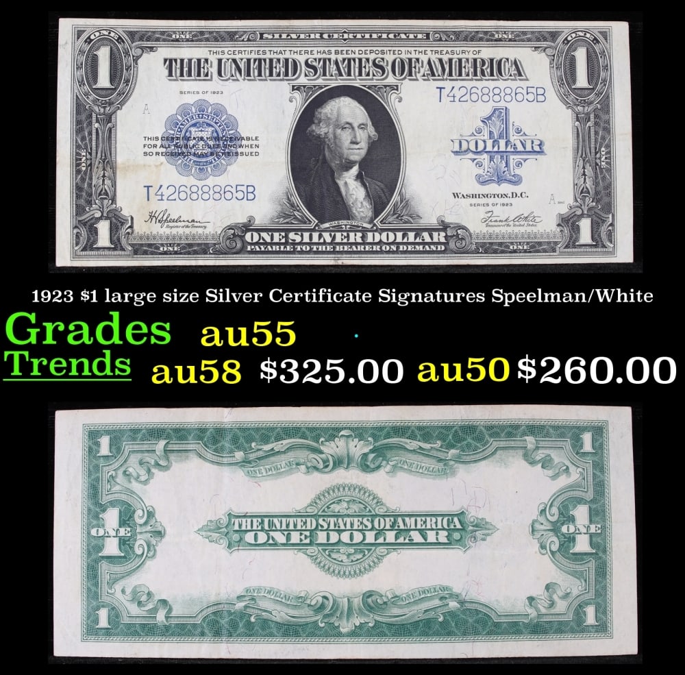 1923 $1 large size Silver Certificate Grades Choice AU Signatures Speelman/White: 1923 $1 large size Silver Certificate Grades Choice AU Signatures Speelman/White. Fr-237 The term “horse blanket” gets used a lot when talking about large size currency. It is most frequently