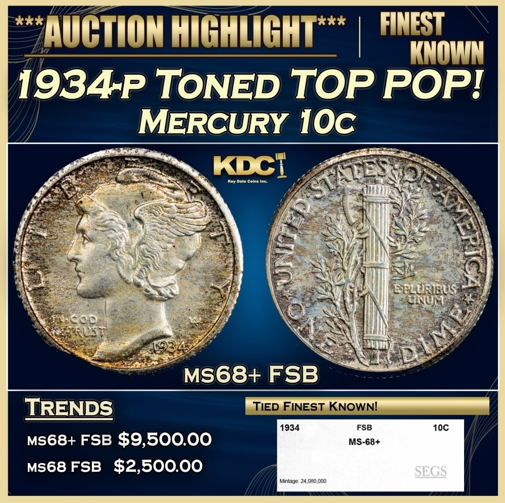 1934-p Mercury Dime Toned TOP POP! 10c ms68+ FSB SEGS: 1934-p Toned TOP POP! Mercury Dime 10c ms68+ FSB SEGS. 0