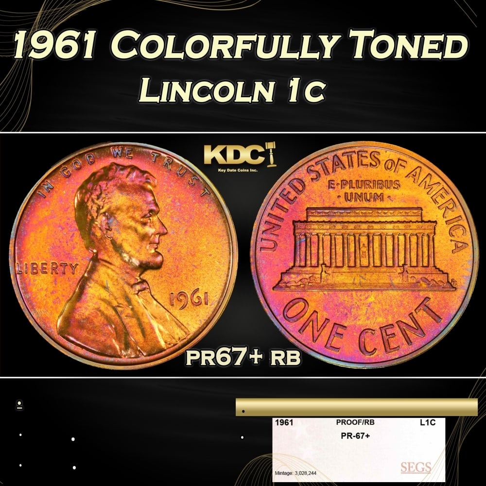 1961 Proof Lincoln Cent Colorfully Toned 1c pr67+ rb SEGS: 1961 Colorfully Toned Lincoln Cent 1c pr67+ rb SEGS. 0