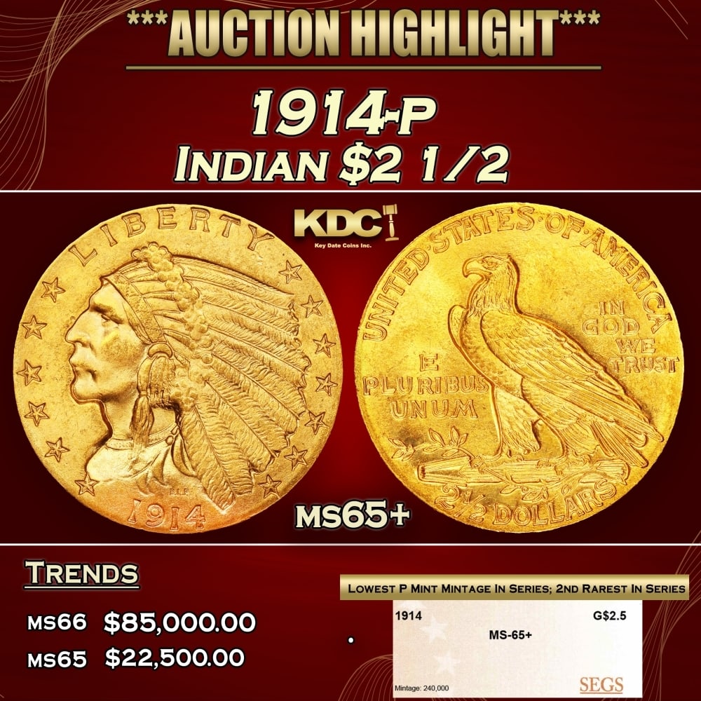 1914-p Gold Indian Quarter Eagle $2 1/2 ms65+ SEGS: 1914-p Gold Indian Quarter Eagle $2 1/2 ms65+ SEGS. The 1914 Indian quarter eagle boasts the lowest mintage of any Philadelphia issue of the series, at a mere 240,000 pieces. The 1914 is also widely c