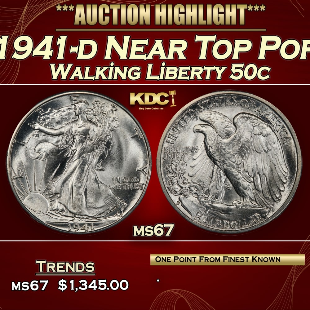 1941-d Walking Liberty Half Dollar Near Top Pop 50c ms67 SEGS: 1941-d Near Top Pop Walking Liberty Half Dollar 50c ms67 SEGS. 0