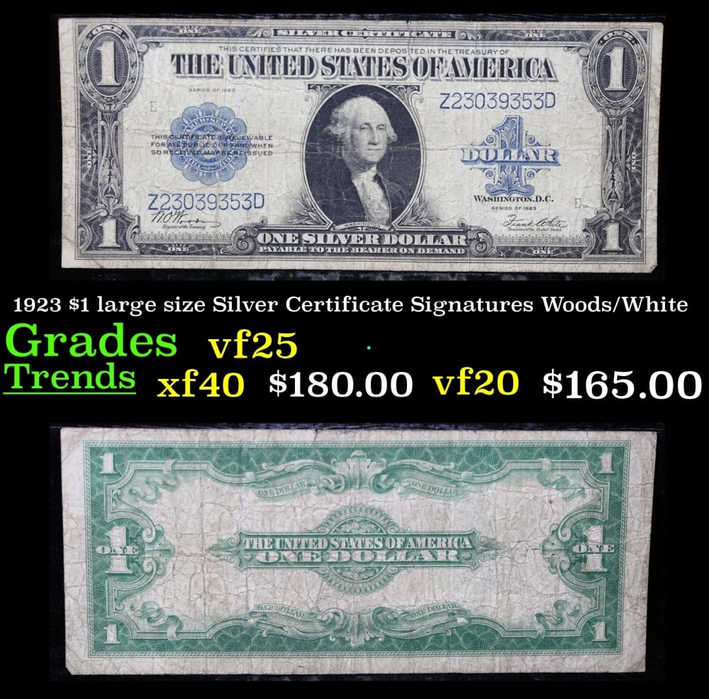 1923 $1 large size Silver Certificate Grades vf+ Signatures Woods/White: 1923 $1 large size Silver Certificate Grades vf+ Signatures Woods/White. Fr-238 The term “horse blanket” gets used a lot when talking about large size currency. It is most frequently used to d