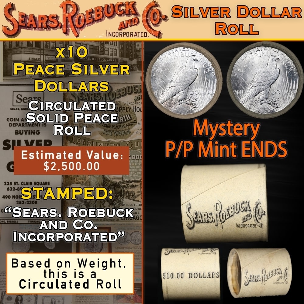 Sears 10 Coin Circulated Peace Dollar $1 Roll Mystery 'P' Rev/'P' Rev Ends: Sears 10 Coin Circulated Peace Dollar $1 Roll Mystery 'P' Rev/'P' Rev Ends. Up For Auction is a 27- Sears 10 Coin Circulated Peace Dollar $1 Roll Mystery 'P' Rev/'P' Rev Ends Roll Weighing 264.9 g Bas