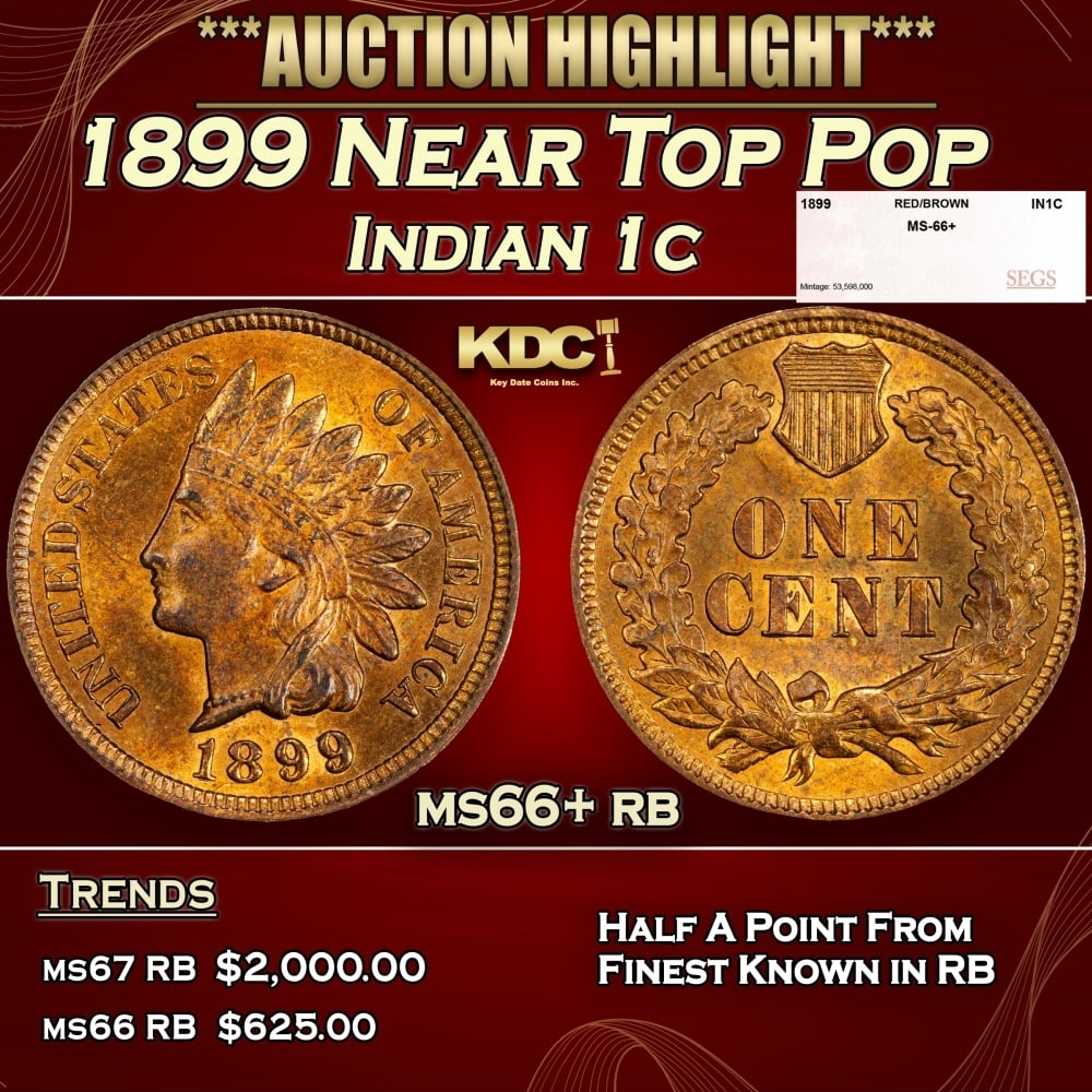 1899 Indian Cent Near Top Pop 1c ms66+ rb SEGS: 1899 Near Top Pop Indian Cent 1c ms66+ rb SEGS. 0