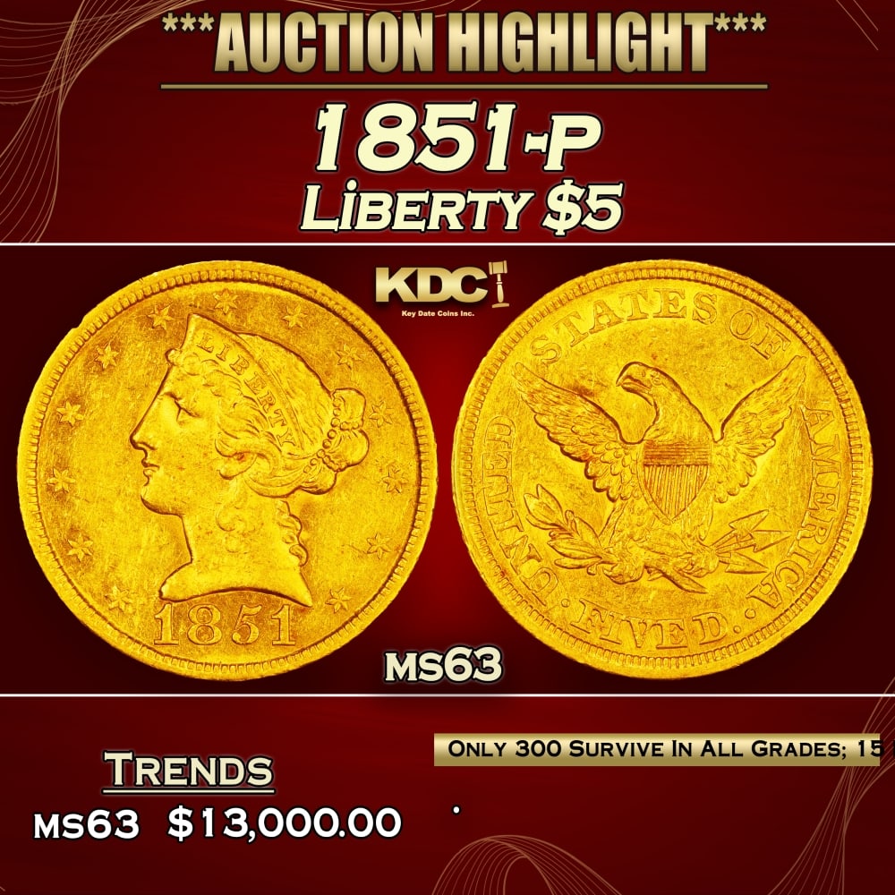 1851-p Gold Liberty Half Eagle $5 ms63 USCG: 1851-p Gold Liberty Half Eagle $5 ms63 USCG. 0
