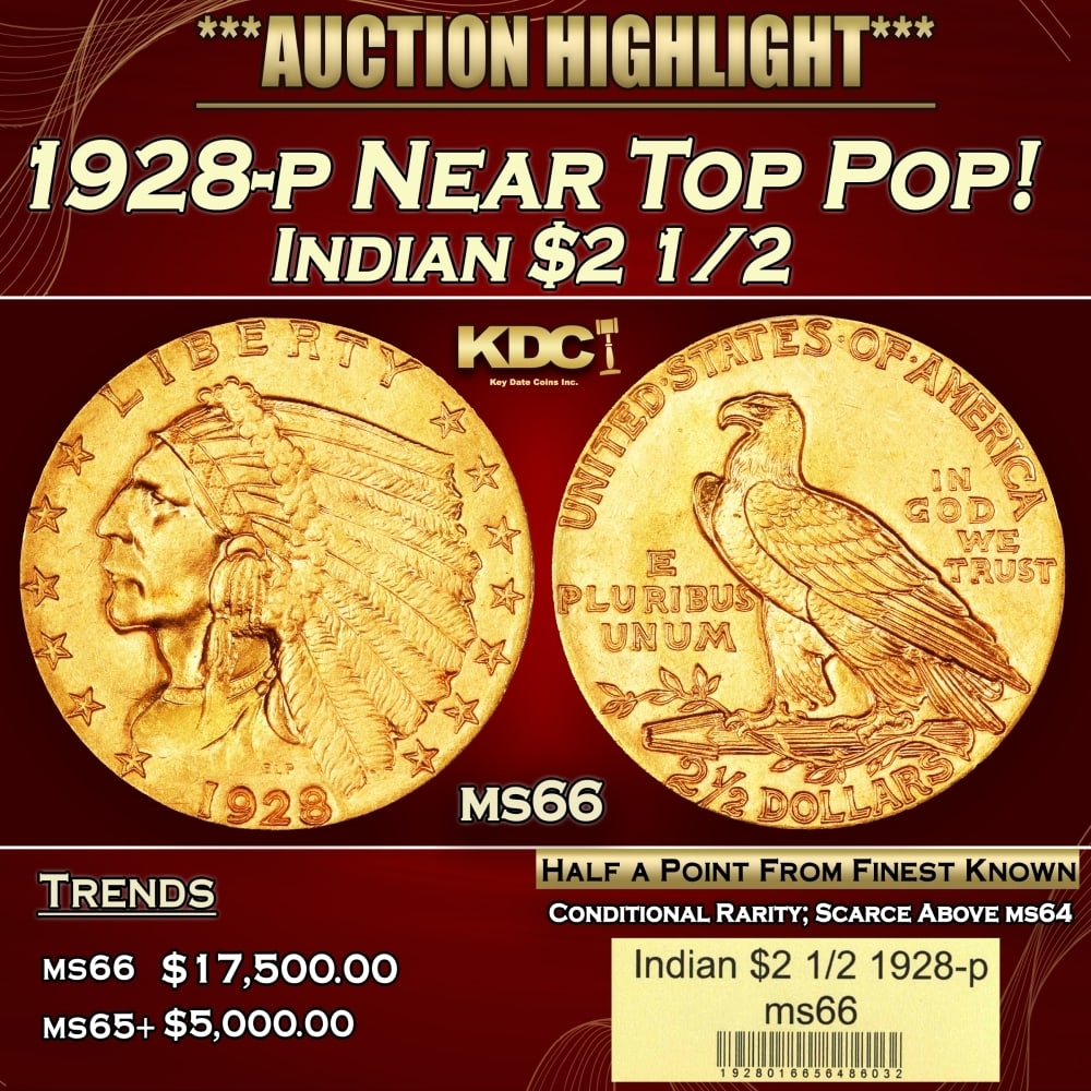 1928-p Gold Indian Quarter Eagle Near Top Pop! $2 1/2 ms66 USCG: 1928-p Near Top Pop! Gold Indian Quarter Eagle $2 1/2 ms66 USCG. Per David Akers of PCGS" The 1928 is slightly more rare overall than the 1926 and 1927 and although MS-63 or lesser quality specimens a