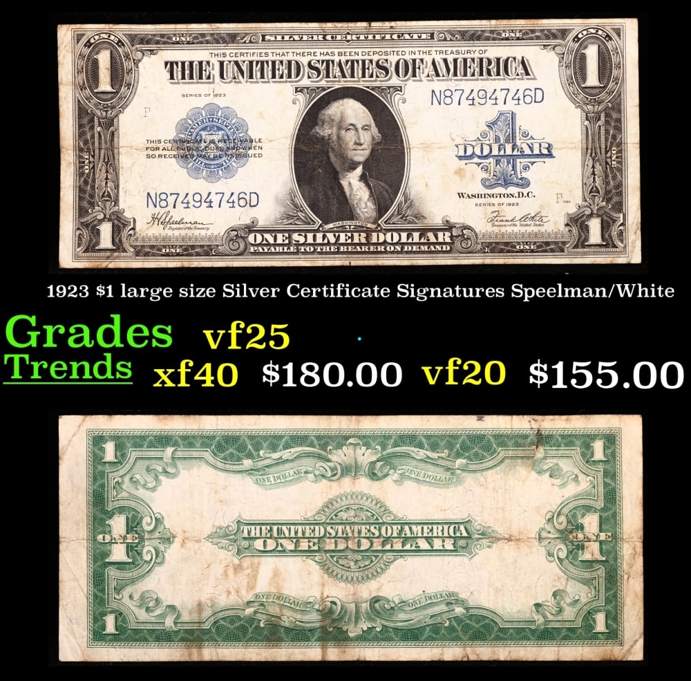 1923 $1 large size Silver Certificate Grades vf+ Signatures Speelman/White: 1923 $1 large size Silver Certificate Grades vf+ Signatures Speelman/White. Fr-237 The term “horse blanket” gets used a lot when talking about large size currency. It is most frequently used t