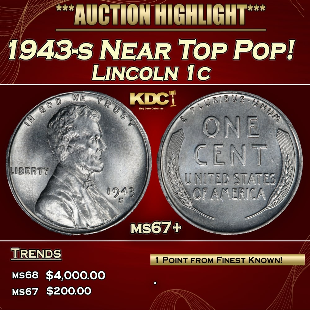 1943-s Lincoln Cent Near Top Pop! 1c ms67+ SEGS: 1943-s Near Top Pop! Lincoln Cent 1c ms67+ SEGS. One year type coin. The much heralded, "Steel" WWII cent. Great example of a favorite coin. The 1943-s Wartime issue Steel Cent. The s mint is the scar