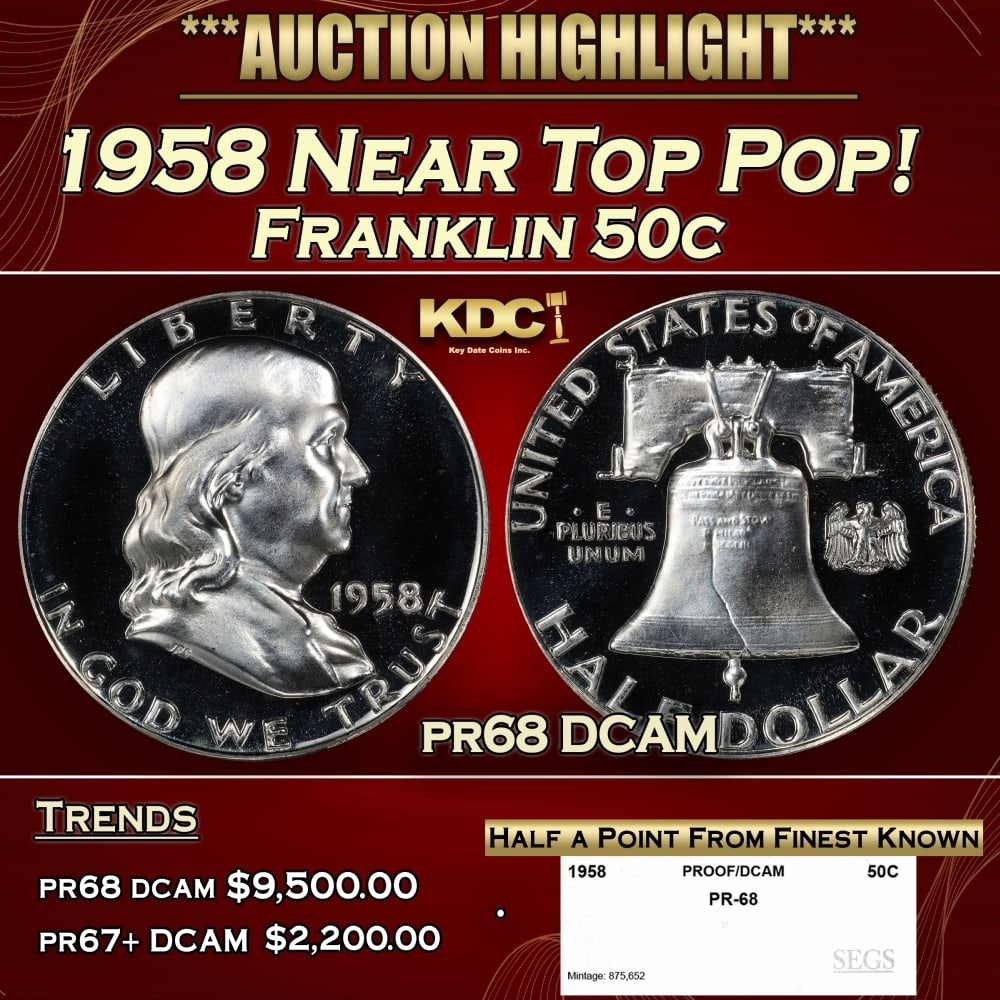 1958 Proof Franklin Half Dollar Near Top Pop! 50c pr68 DCAM SEGS: 1958 Near Top Pop! Franklin Half Dollar 50c pr68 DCAM SEGS. Historic precious metal trends is causing increased spot pricing by the day. On auctions with set openings, we are doing our best to have it