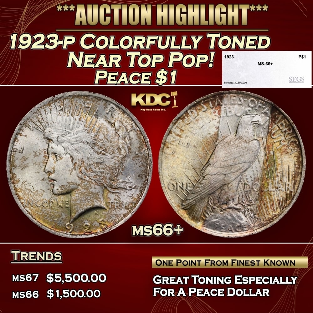 1923-p Peace Dollar Colorfully Toned Near Top Pop! $1 ms66+ SEGS: 1923-p Colorfully Toned Near Top Pop! Peace Dollar $1 ms66+ SEGS. 0