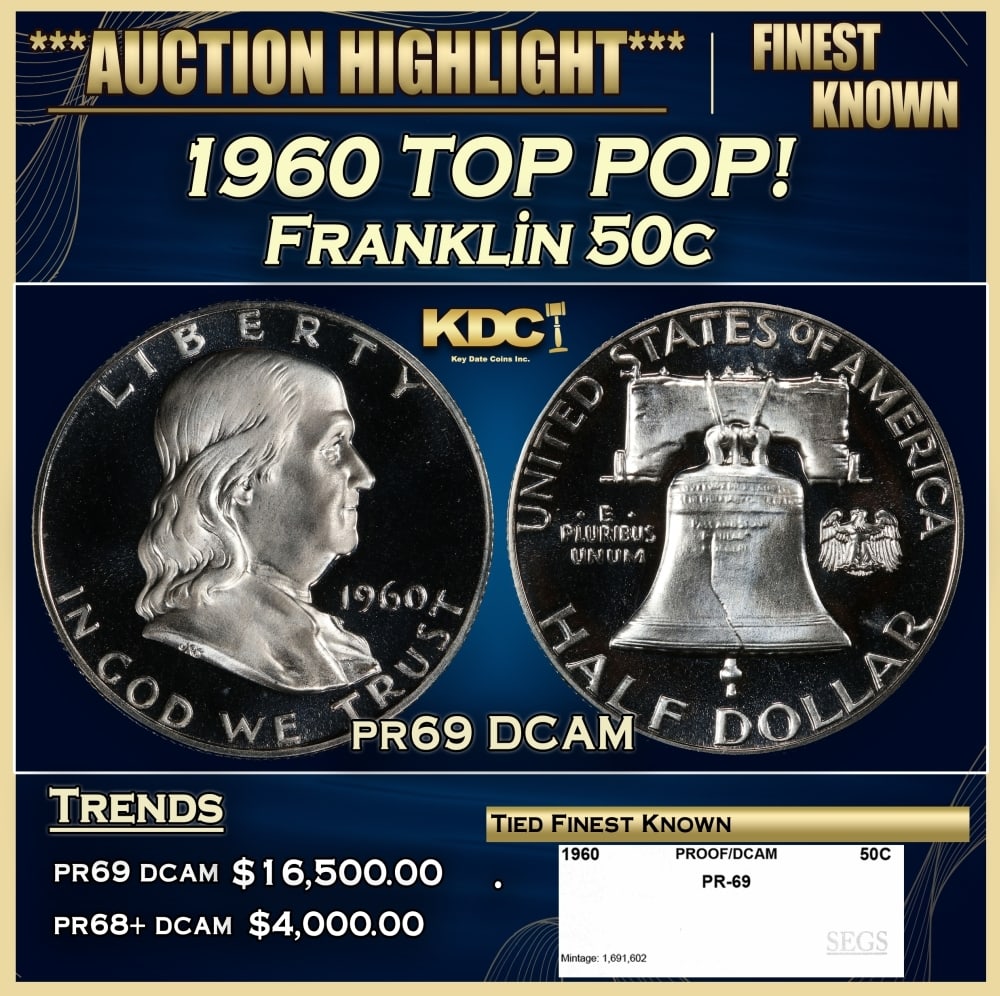 1960 Proof Franklin Half Dollar TOP POP! 50c pr69 DCAM SEGS: 1960 TOP POP! Franklin Half Dollar 50c pr69 DCAM SEGS. A new master die was put into use in 1960. The previous one had been used for an entire decade, causing many proofs from that era to lack contras