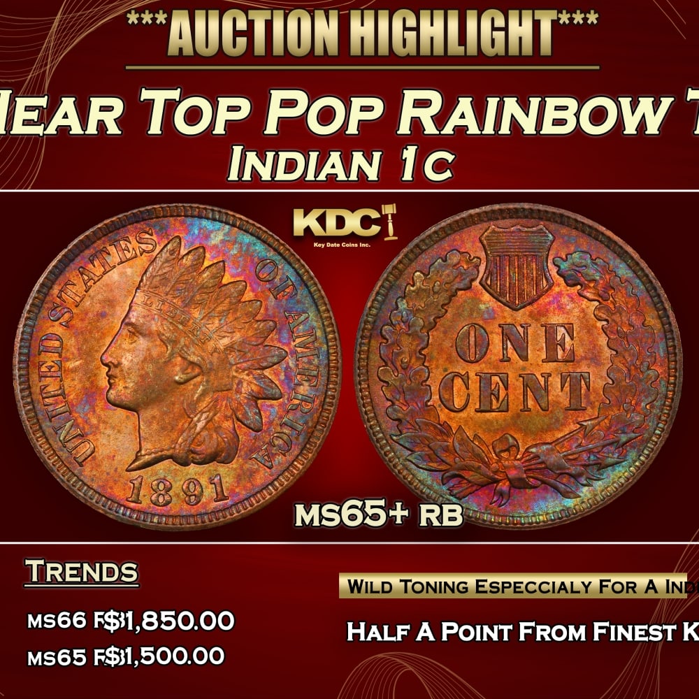 1891 Indian Cent Near Top Pop Rainbow Toned 1c ms65+ rb SEGS: 1891 Near Top Pop Rainbow Toned Indian Cent 1c ms65+ rb SEGS. 0