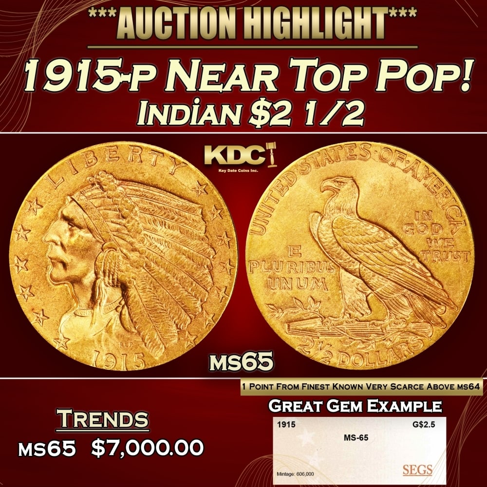 1915-p Gold Indian Quarter Eagle Near Top Pop! $2 1/2 ms65 SEGS: 1915-p Near Top Pop! Gold Indian Quarter Eagle $2 1/2 ms65 SEGS. The 1915 survives in great numbers through MS64, but like most other issues in Bela Lyon Pratt's Indian quarter eagle series, the popul