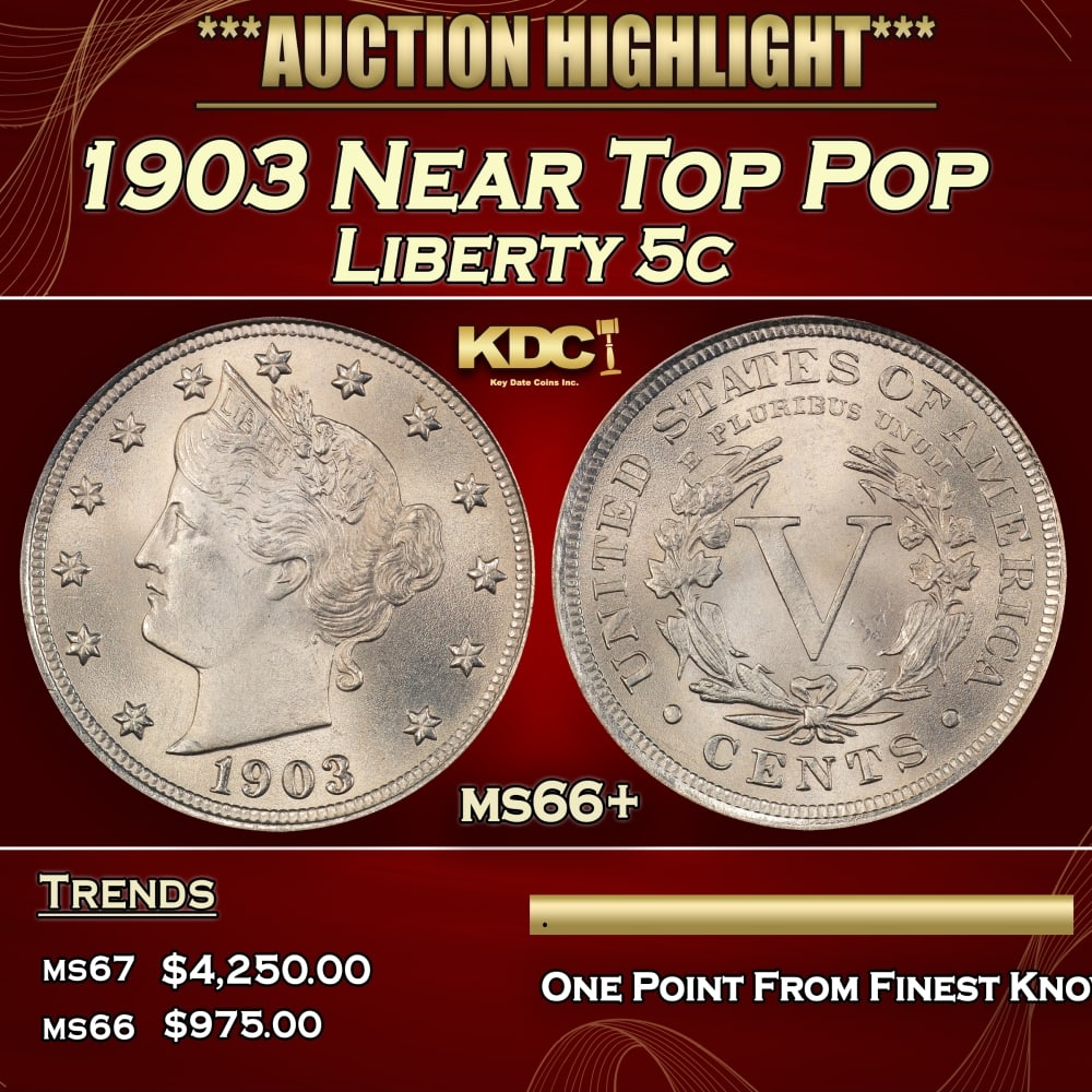 1903 Liberty Nickel Near Top Pop 5c ms66+ SEGS: 1903 Near Top Pop Liberty Nickel 5c ms66+ SEGS. 0