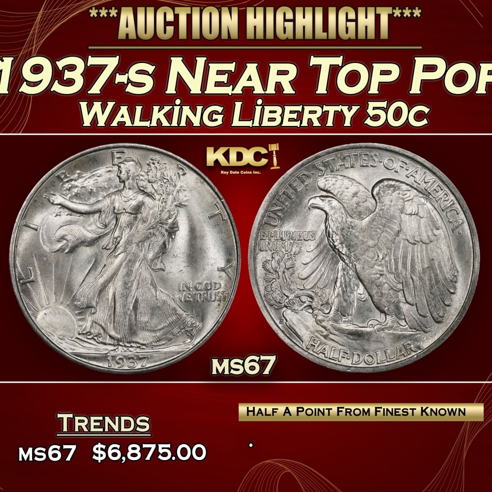 1937-s Walking Liberty Half Dollar Near Top Pop 50c ms67 SEGS: 1937-s Near Top Pop Walking Liberty Half Dollar 50c ms67 SEGS. 0