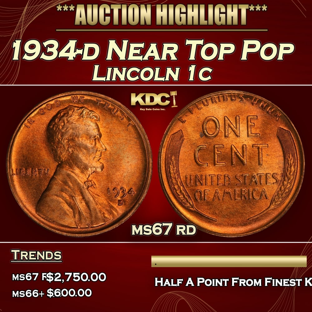1934-d Lincoln Cent Near Top Pop 1c ms67 rd SEGS: 1934-d Near Top Pop Lincoln Cent 1c ms67 rd SEGS. 0