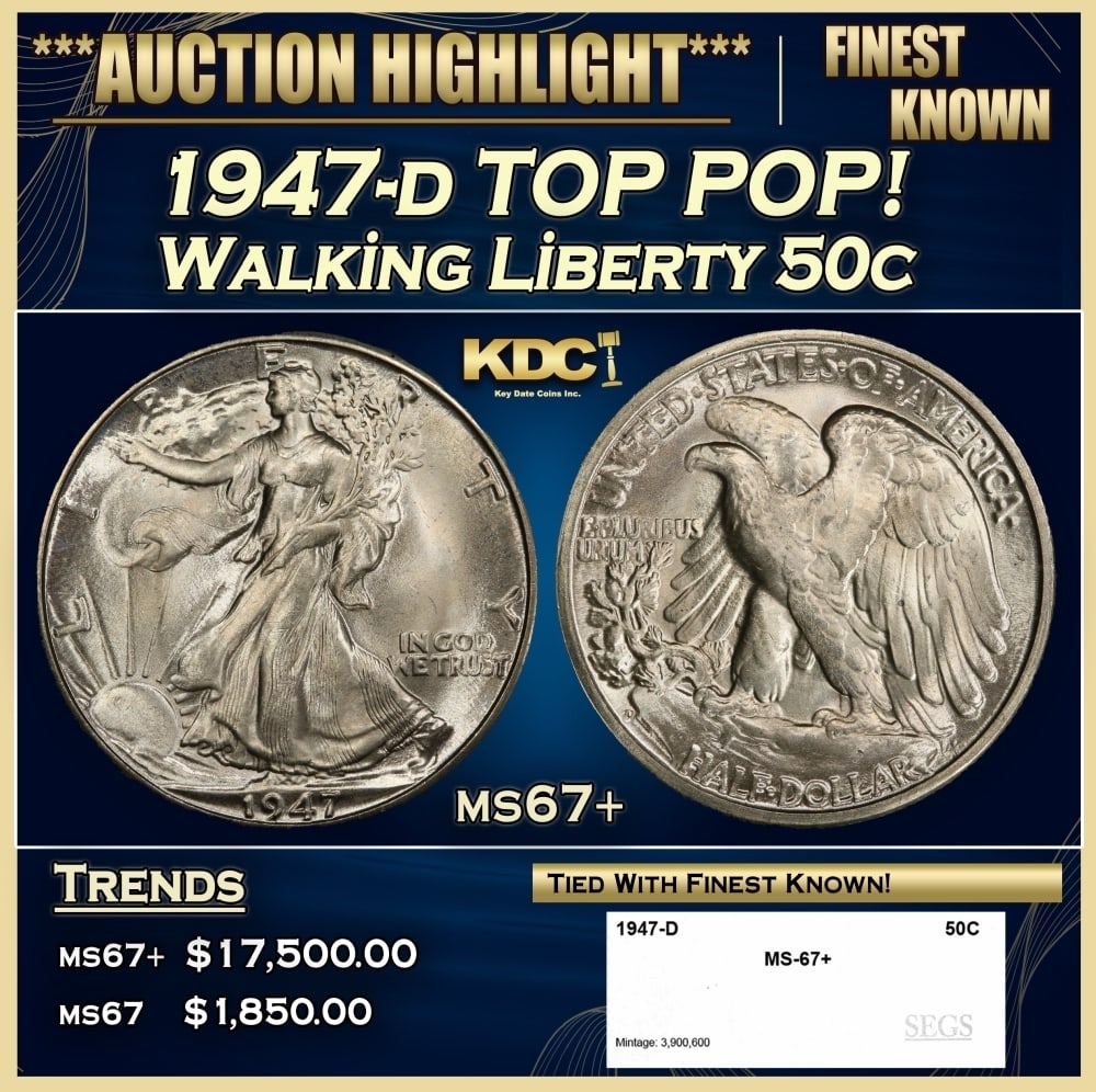 1947-d Walking Liberty Half Dollar TOP POP! 50c ms67+ SEGS: 1947-d TOP POP! Walking Liberty Half Dollar 50c ms67+ SEGS. 0