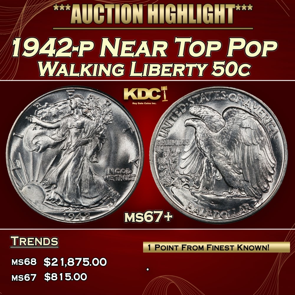 1942-p Walking Liberty Half Dollar Near Top Pop 50c ms67+ SEGS: 1942-p Near Top Pop Walking Liberty Half Dollar 50c ms67+ SEGS. 0