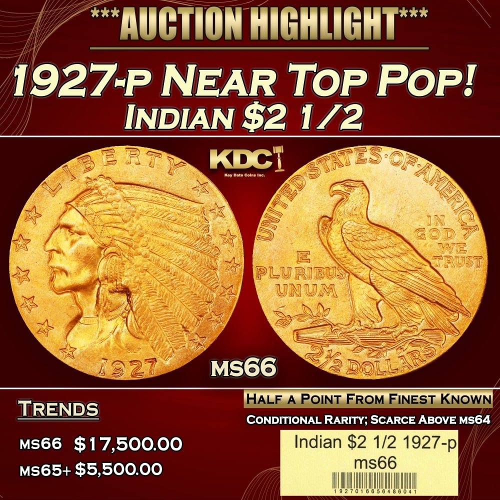 1927-p Gold Indian Quarter Eagle Near Top Pop! $2 1/2 ms66 USCG: 1927-p Near Top Pop! Gold Indian Quarter Eagle $2 1/2 ms66 USCG. Per David Akers of PCGS "The 1927 is similar in overall rarity to the 1926 and can be obtained without much difficulty in MS-65 or lowe