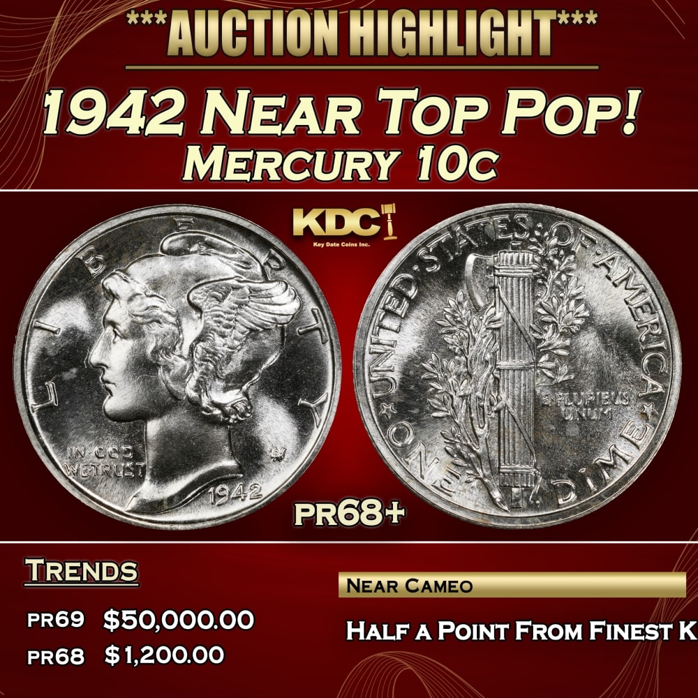 1942 Proof Mercury Dime Near Top Pop! 10c pr68+ SEGS: 1942 Near Top Pop! Mercury Dime 10c pr68+ SEGS. 0