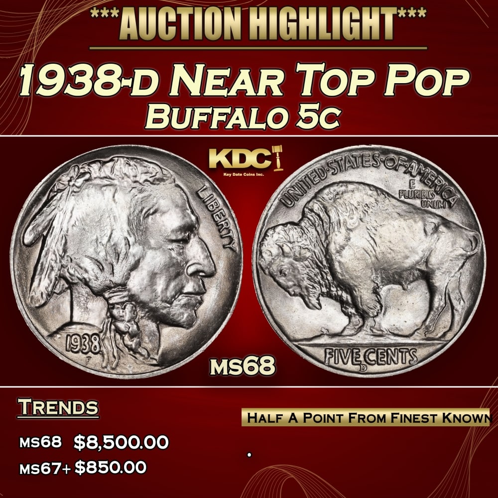 1938-d Buffalo Nickel Near Top Pop 5c ms68 SEGS: 1938-d Near Top Pop Buffalo Nickel 5c ms68 SEGS. 0